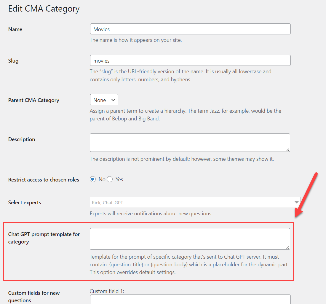 The option 'Chat GPT prompt template for category' - WordPress Question and Answer Plugin