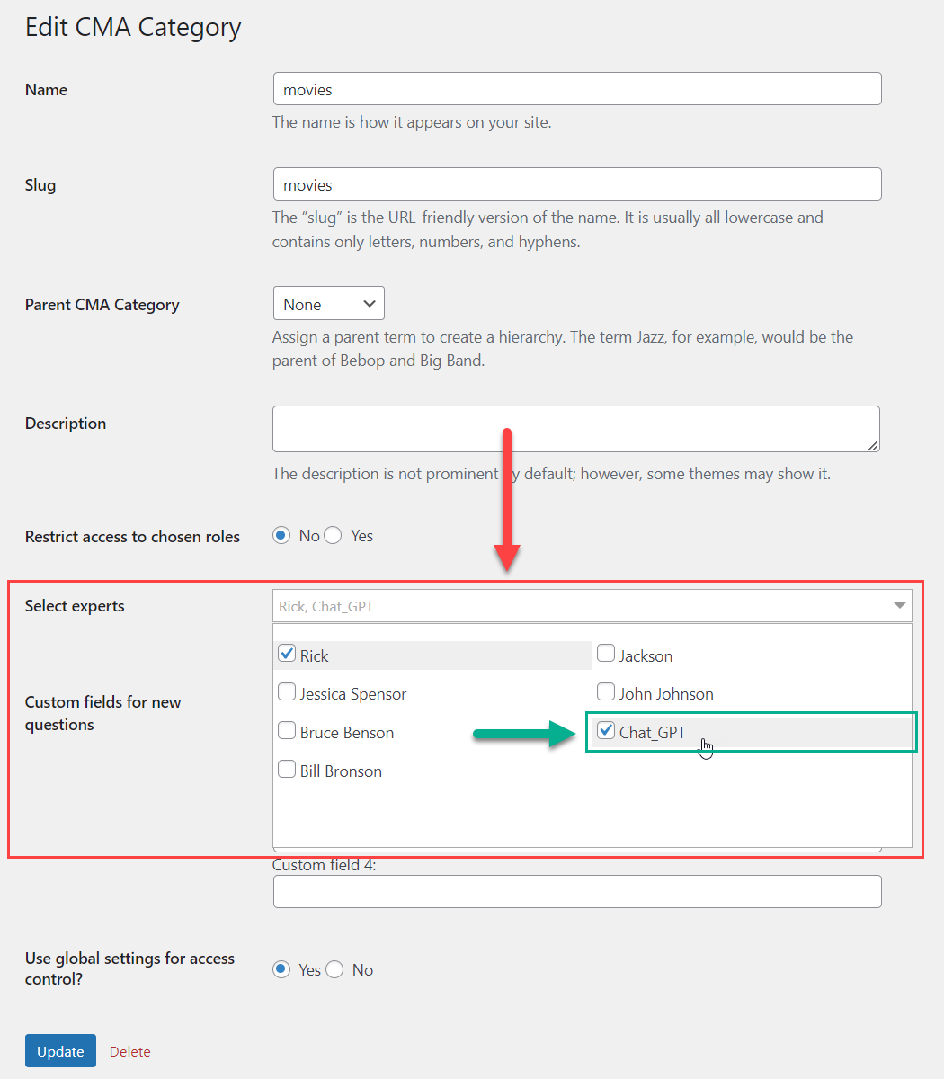 Assigning the ChatGPT user as an expert to the category - WordPress Q and A Plugin