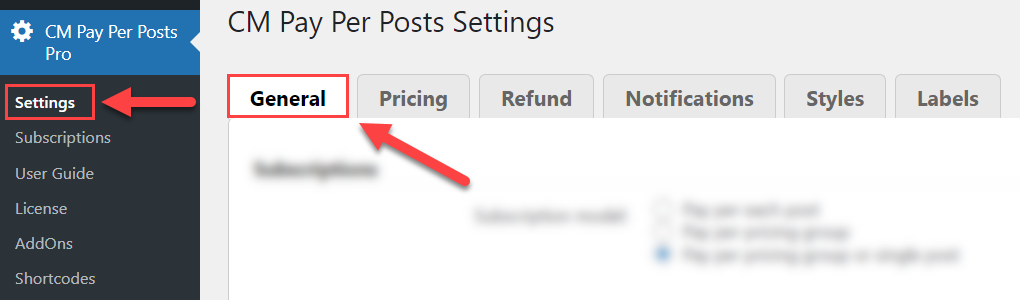 General plugin settings - Pay-Per-Post Plugin