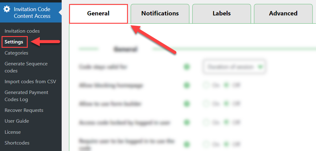 Navigation to the plugin settings - Invitation Code Registration for WordPress