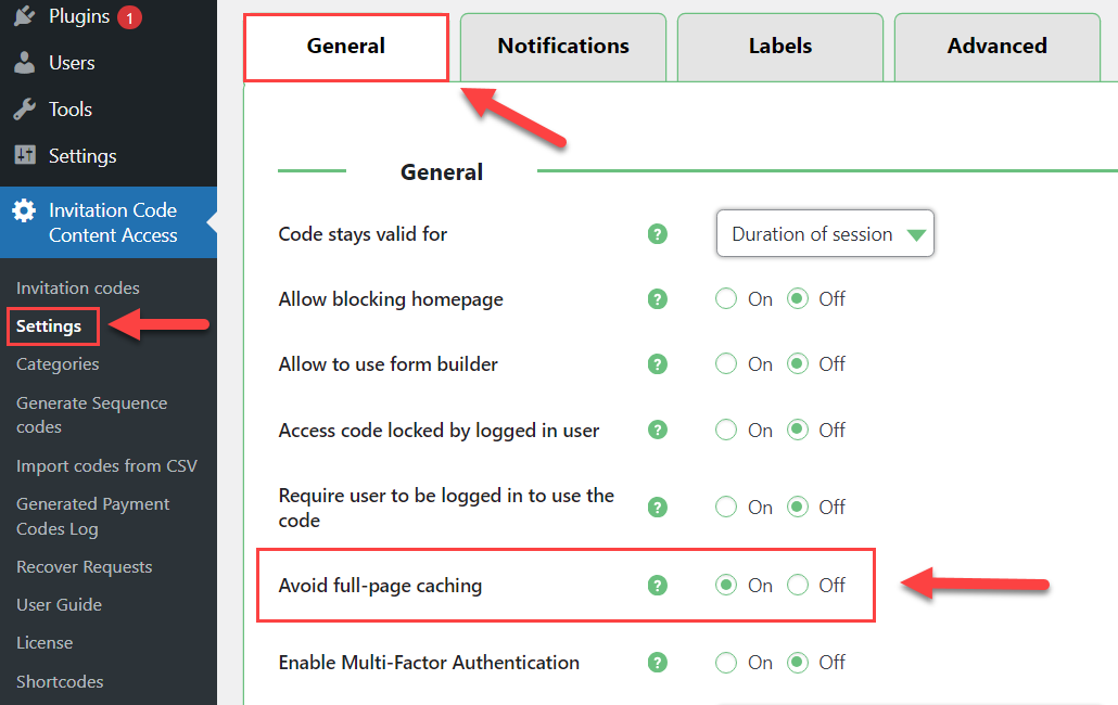 Enabling the option for avoiding full-page caching - Restrict Content Plugin