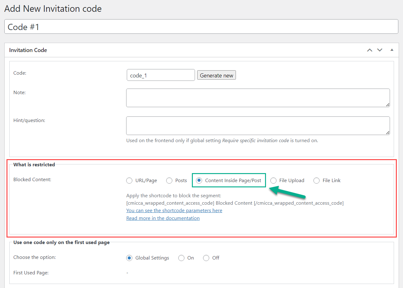 Choosing partial content restriction type - WordPress Register with Invitation Code