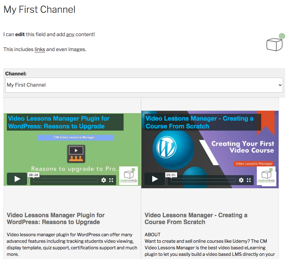 Example of a video channel on the WordPress website - WordPress Video Course Plugin