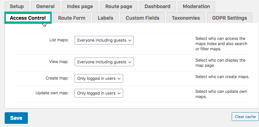 Access control settings - WordPress Travel Map Plugin