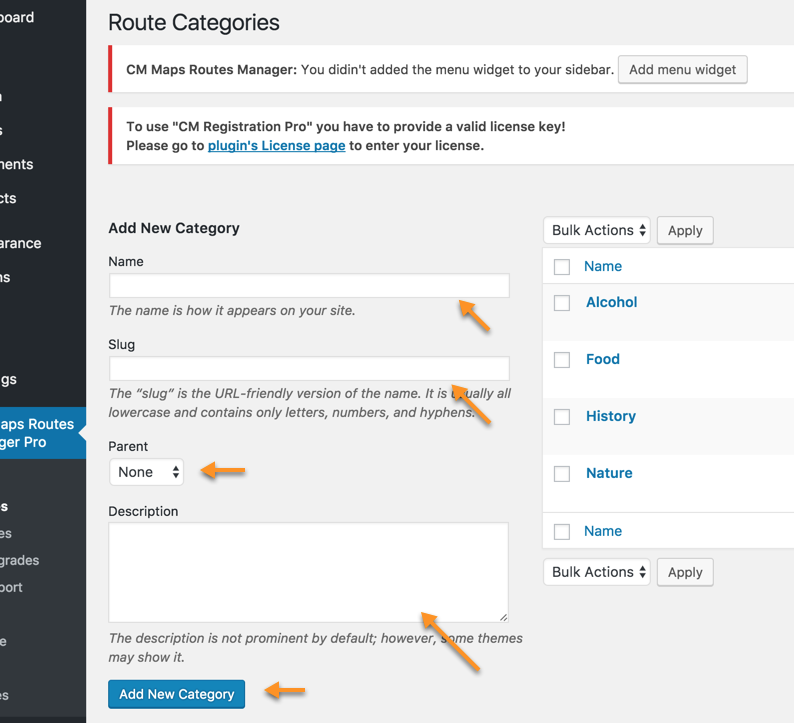 Creating new category - Route Display WordPress