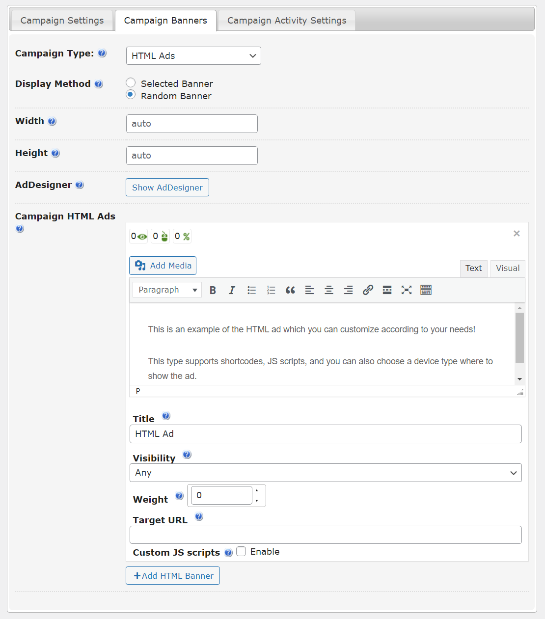 Campaign banners settings - WordPress Ad Management Plugin
