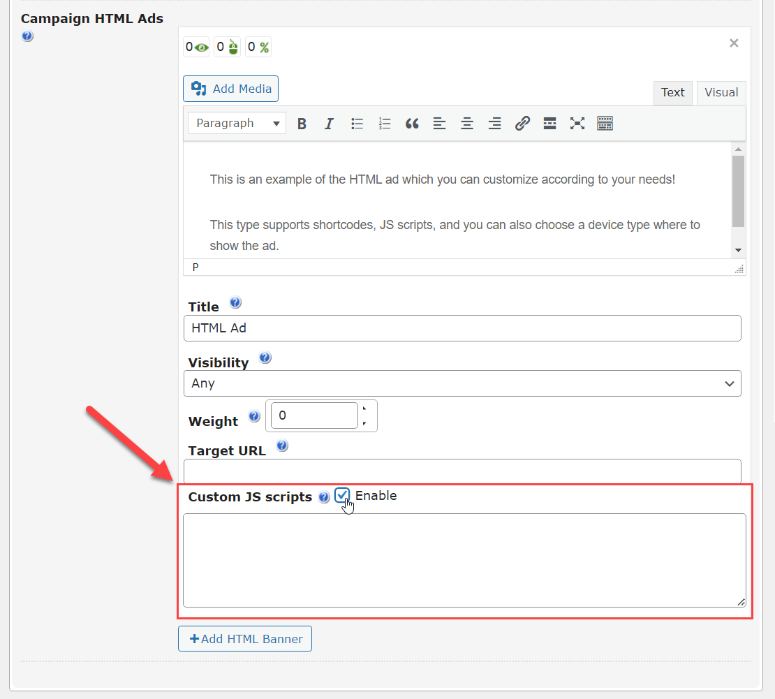 Adding custom JS scripts - WordPress Ad Management