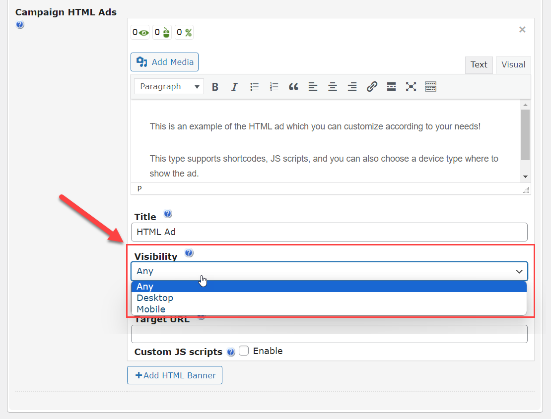 Setting up the ad visibility - Ad Server WordPress Plugin