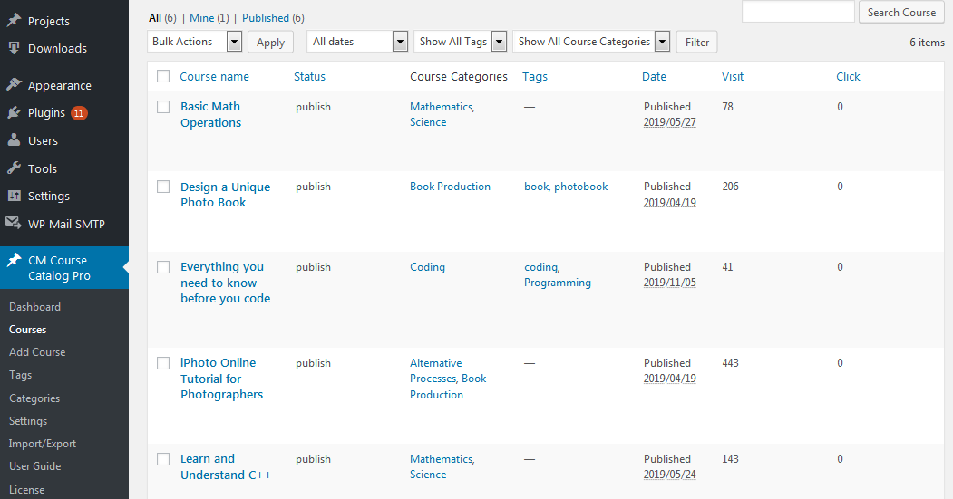 Dashboard for managing courses - E Learning WordPress Plugin