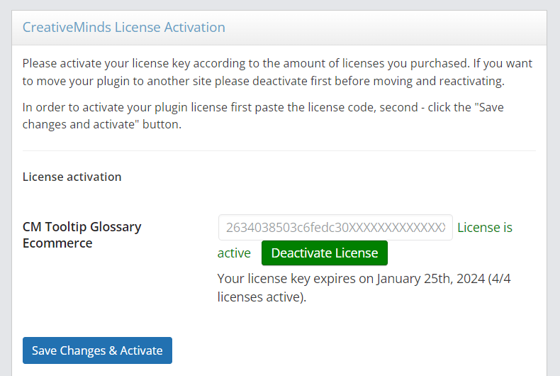 Activating the license key - WordPress Glossary Plugin