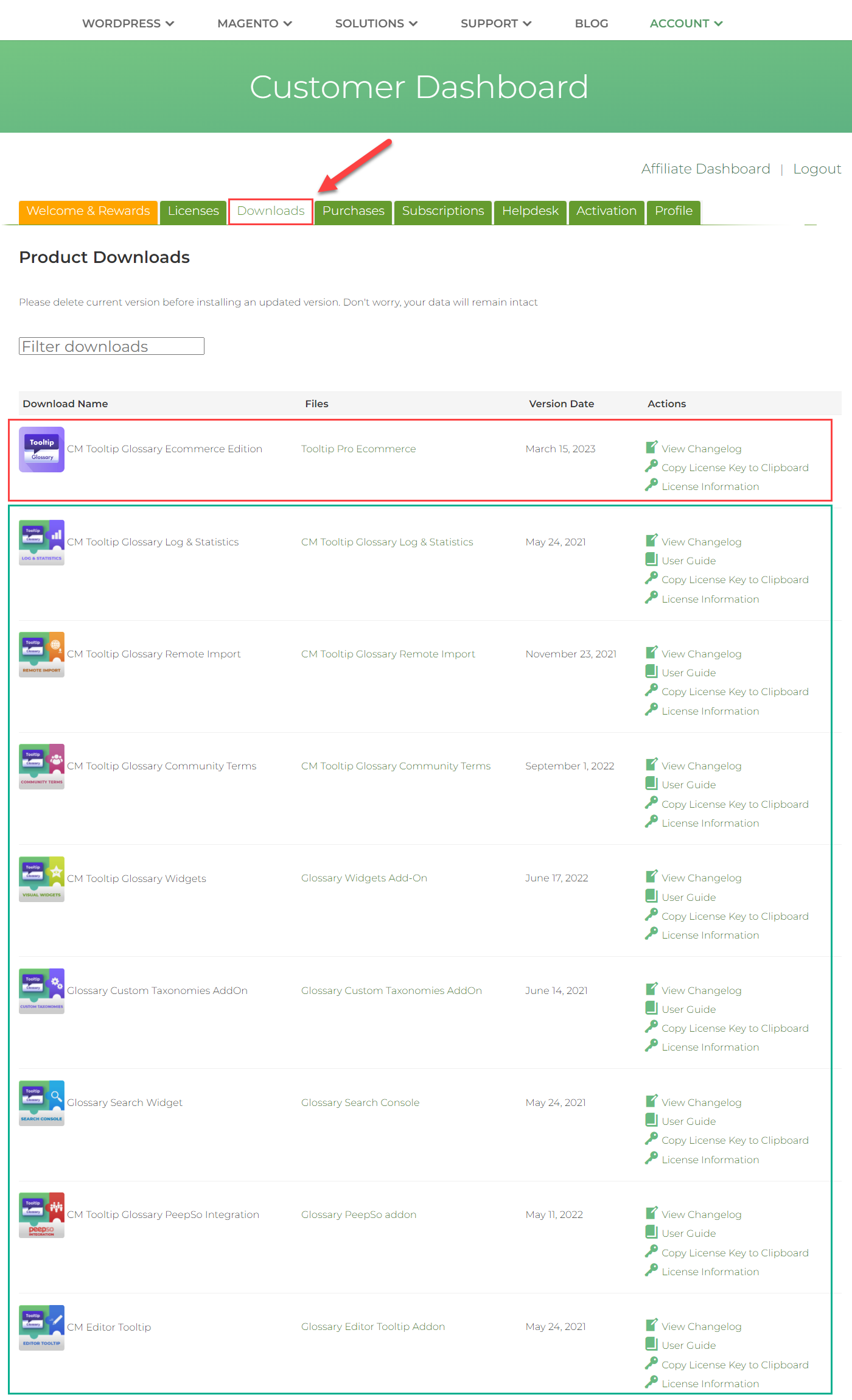 The list of plugin and add-ons available in Customer Dashboard after purchasing the Ultimate Edition - WordPress Knowledge Base Plugin