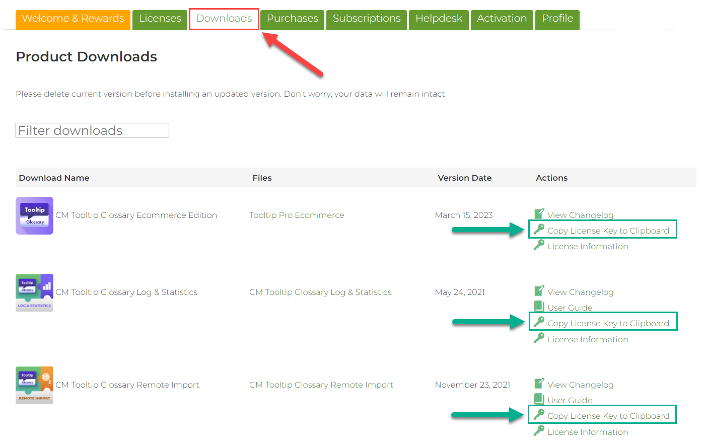 Copying license keys - Glossary Plugin WordPress