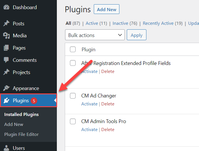 Navigation to the page for managing plugins - Tooltip WordPress Plugin