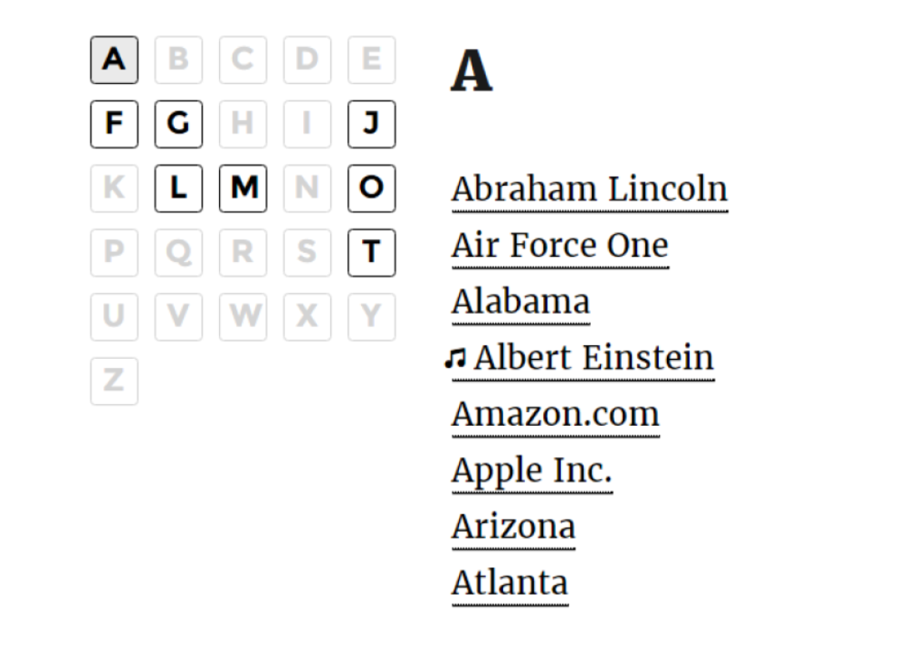 Example of the glossary index page - Knowledge Base WordPress Plugin