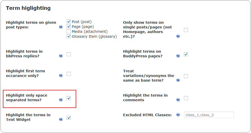 Highlighting only space separated terms - WordPress Glossary Plugin