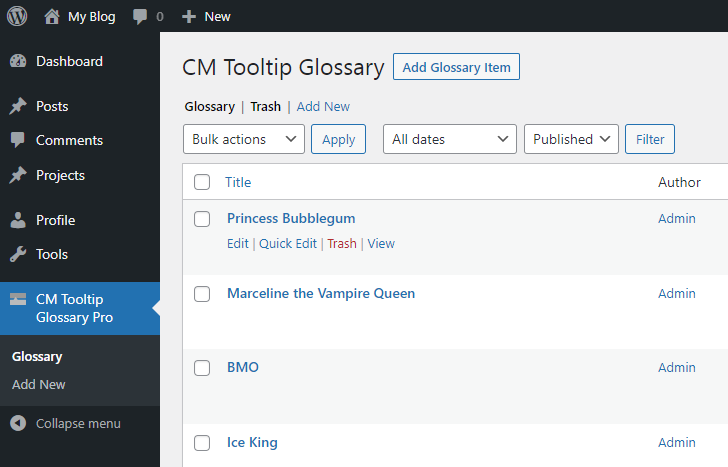 View of the user that is allowed to add and edit terms - Tooltip Plugin WordPress