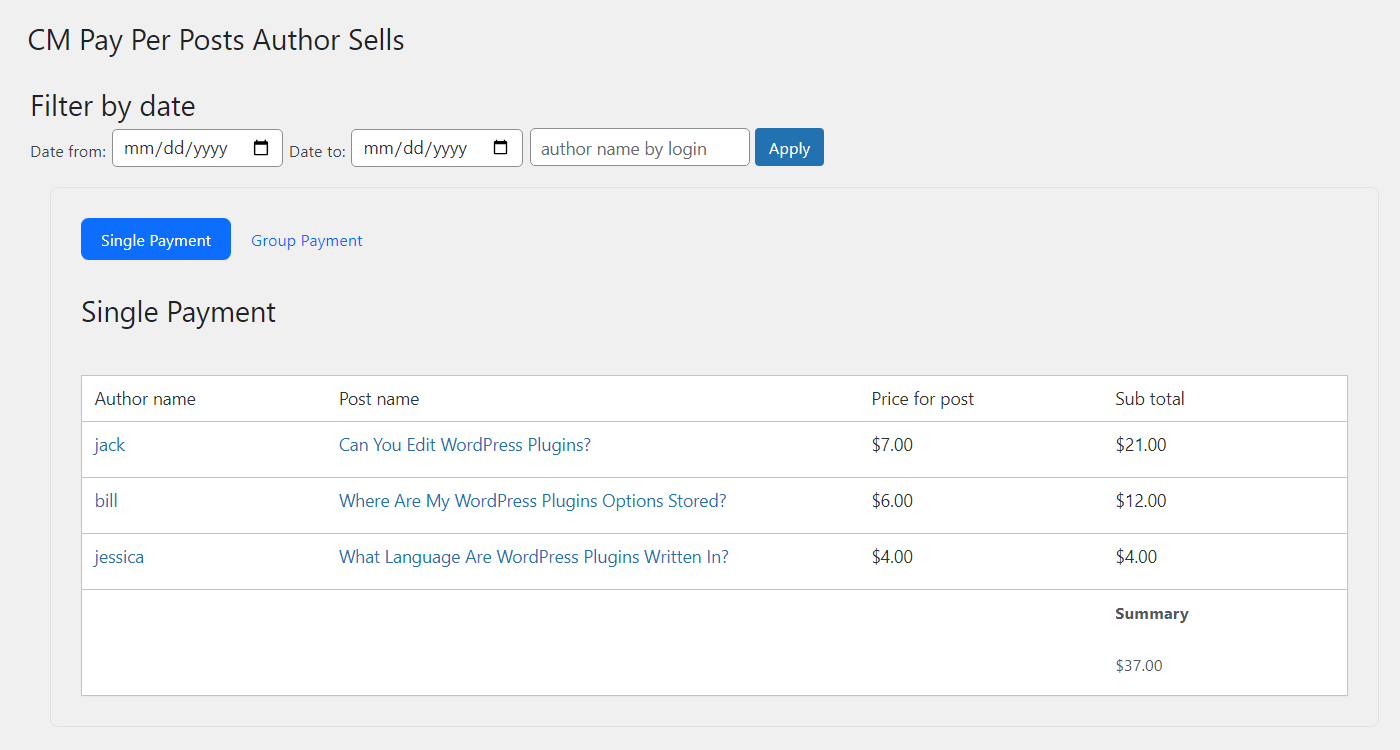 Single Payment table - Paywall Plugin WordPress