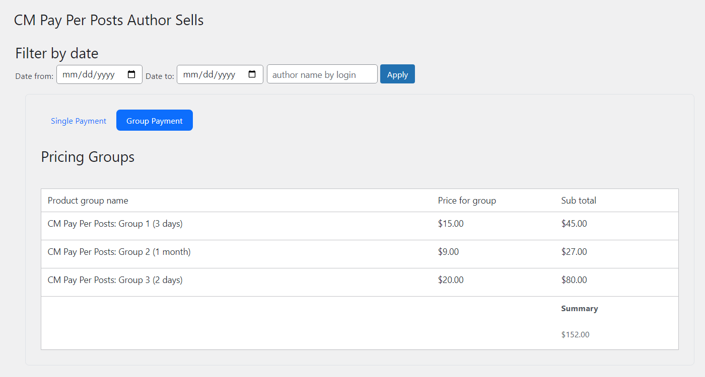 Group Payment table - Best Paywall Plugin for WordPress