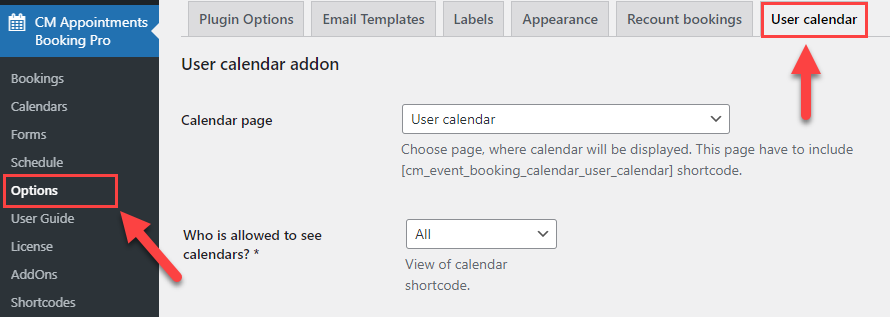 User calendar general settings - WordPress Calendar Booking Plugin