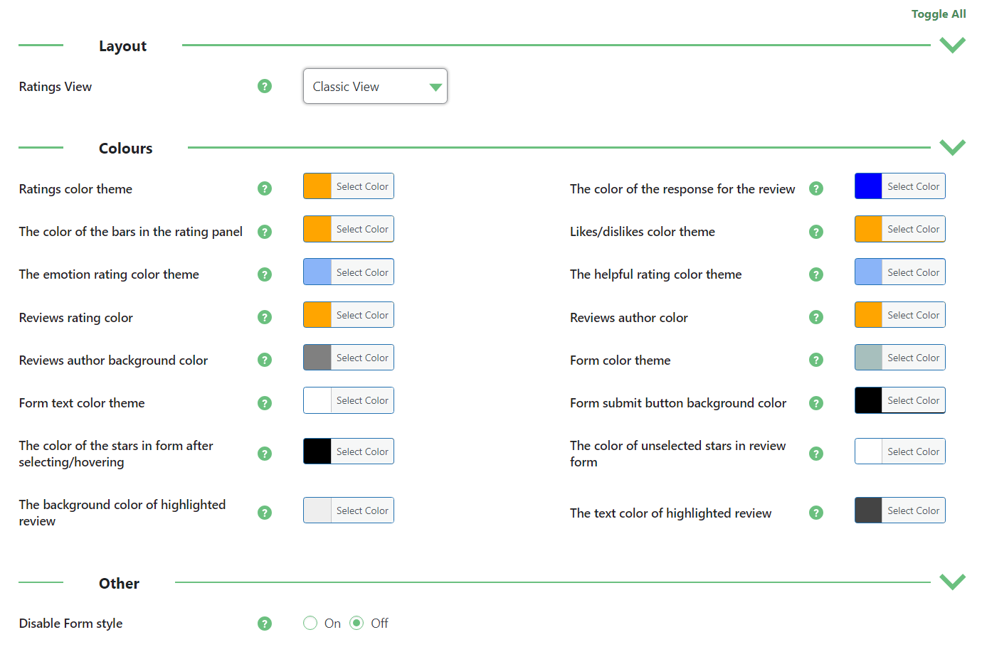 Style settings - WordPress Rating System