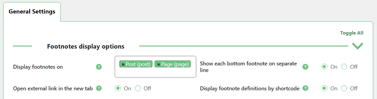 Fotnotes display options - WP Footnotes