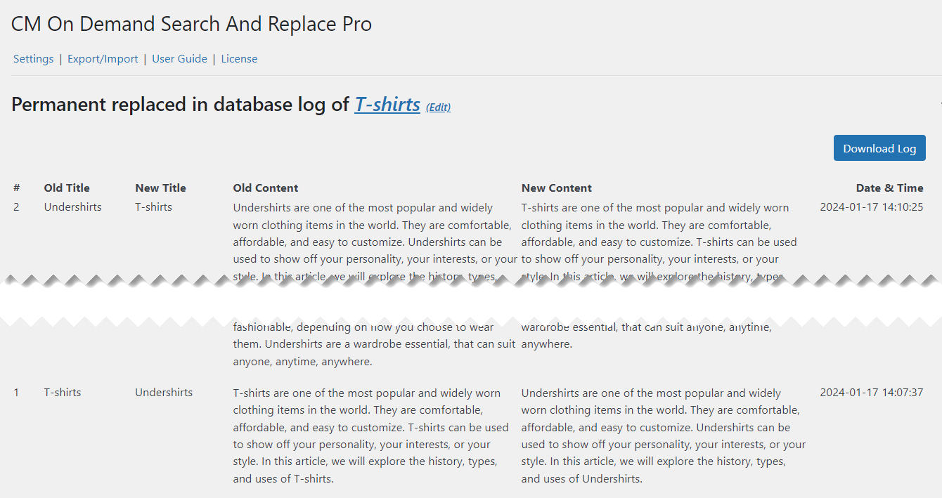 Log for permanently replaced content - Find and Replace Plugin WordPress