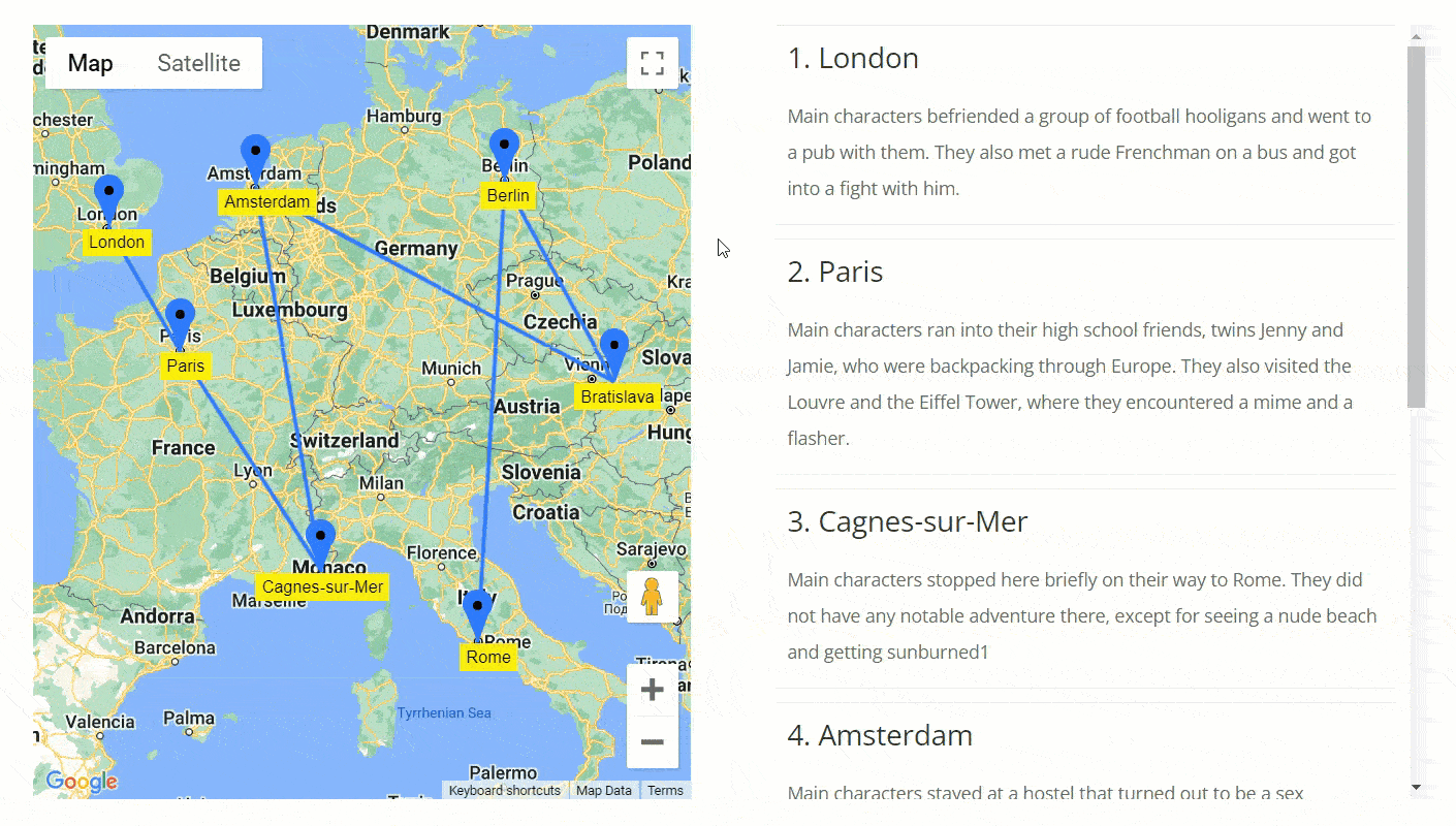 Highlighting locations on the map by clicking on them in the list - WordPress + Map Show Route Between Markers