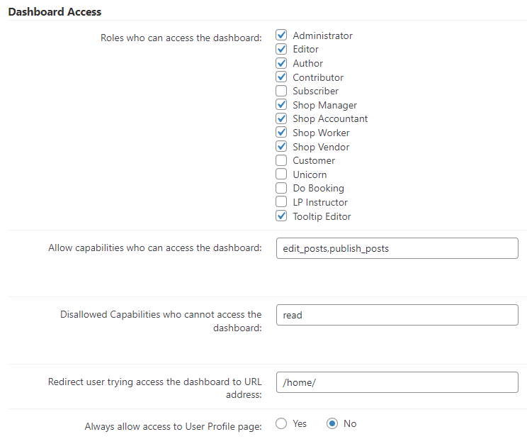 Dashboard access settings