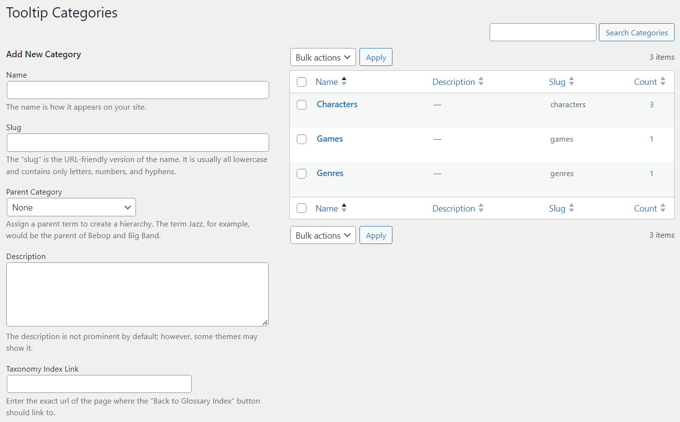 Page for managing categories - Knowledge Base WordPress Plugin