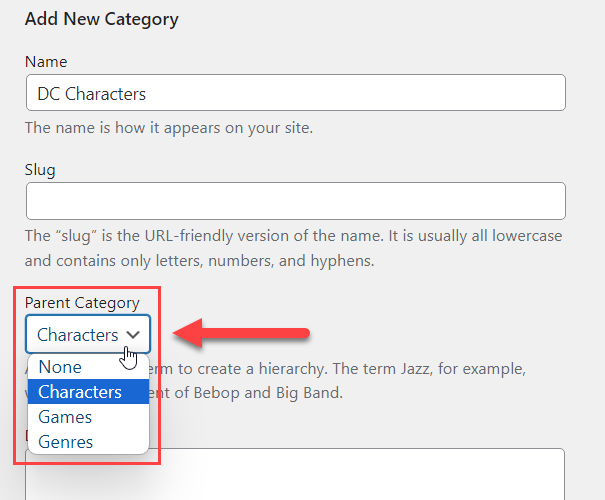 Choosing parent category - Glossary Plugin WordPress