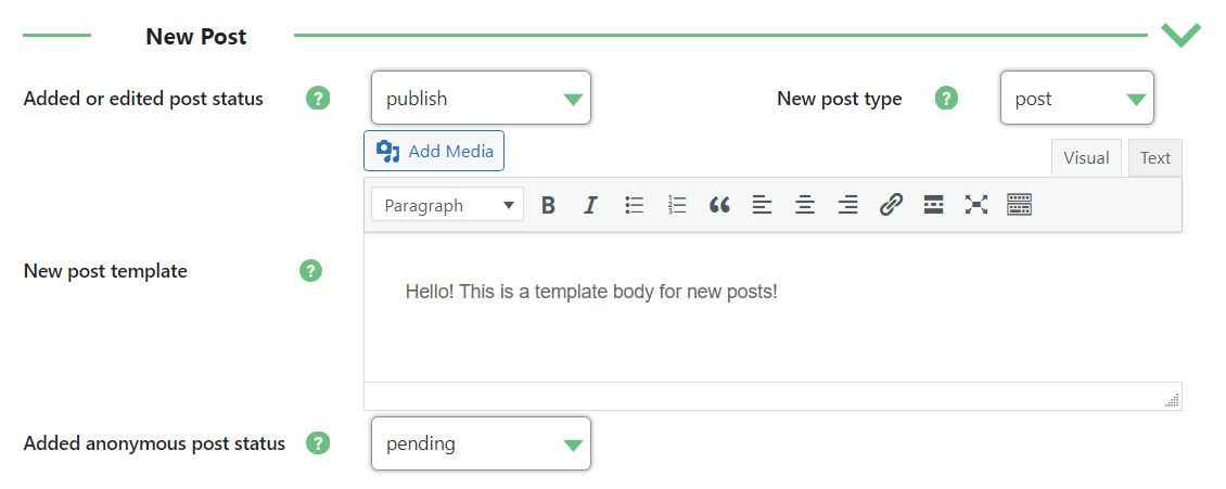 New post settings - Frontend Publishing Plugin