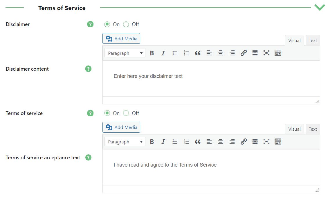 Terms of service settings - WordPress Plugin to Allow Users to Post On Front End