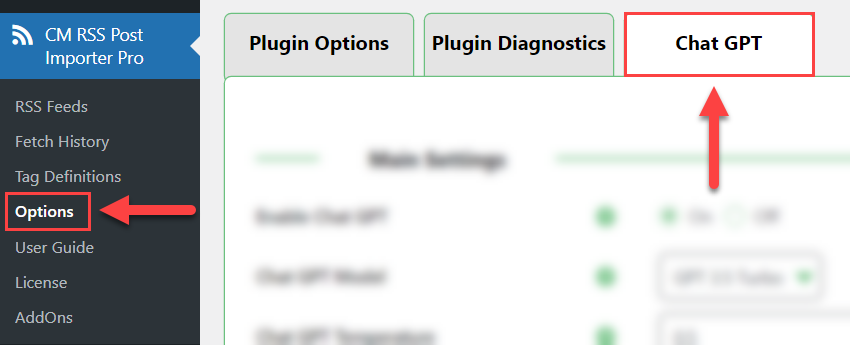 Navigation to the ChatGPT integration settings - RSS Feeds Importer Plugin