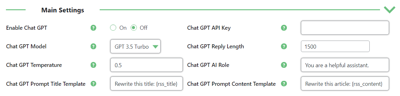 ChatGPT integration settings - RSS Feed Importer WordPress Plugin