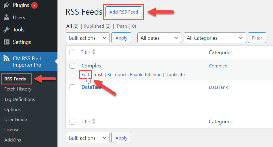 Adding/editing RSS feeds - RSS Feeds Importer Plugin