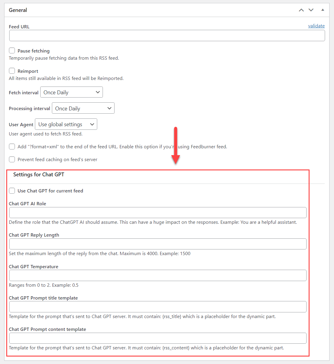 Settings for overriding global ChatGPT integration settings - RSS Post Importer