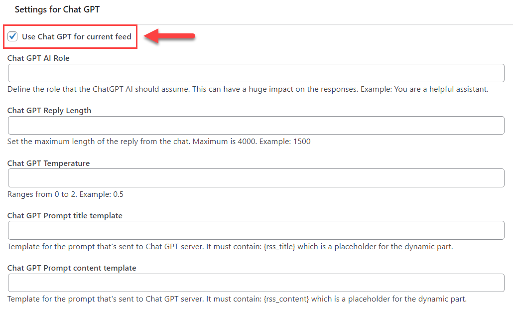 Enabling ChatGPT feature for the current RSS feed - RSS Feed Importer WordPress Plugin