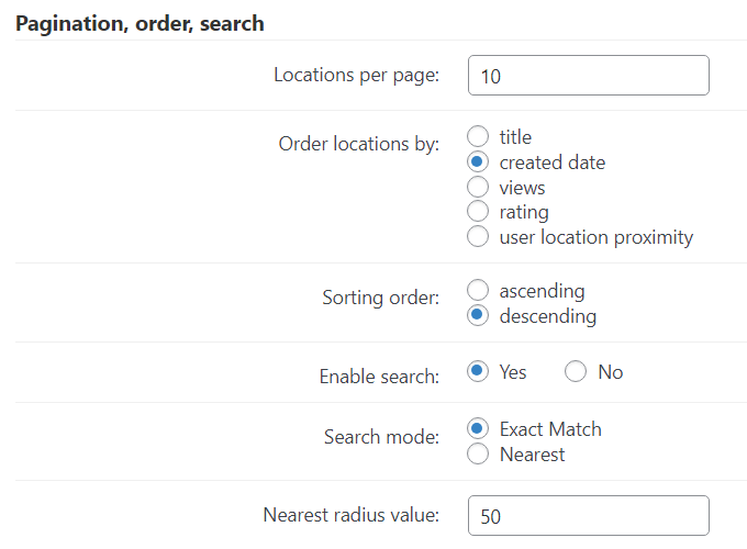 Pagination, order and search settings - Maps Plugin