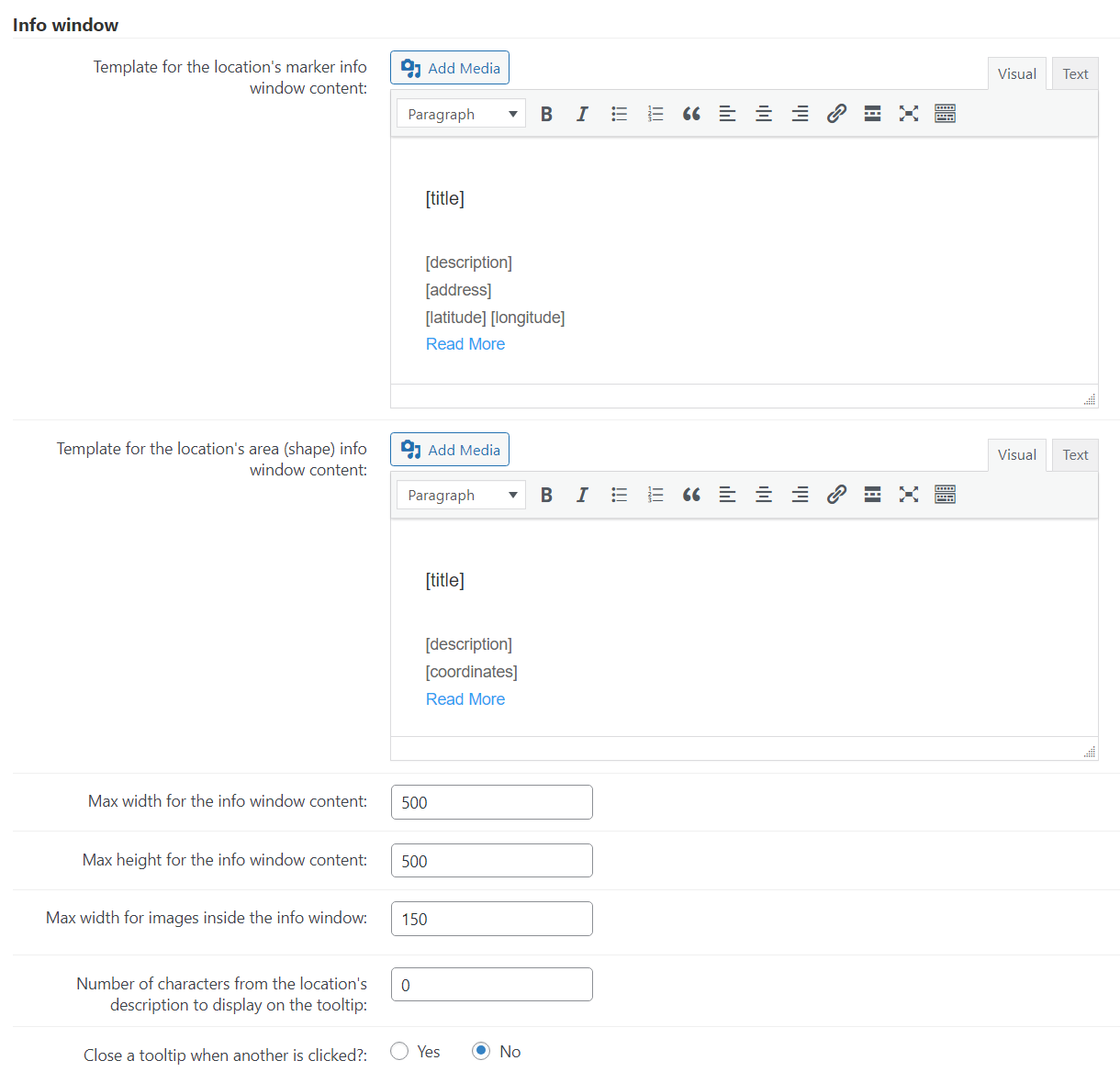 Info window settings - Google Maps WordPress Plugin