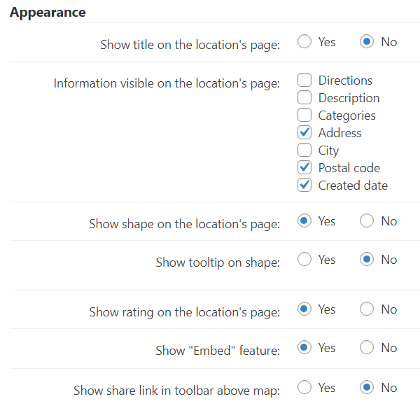 Appearance settings - Maps WordPress Plugin