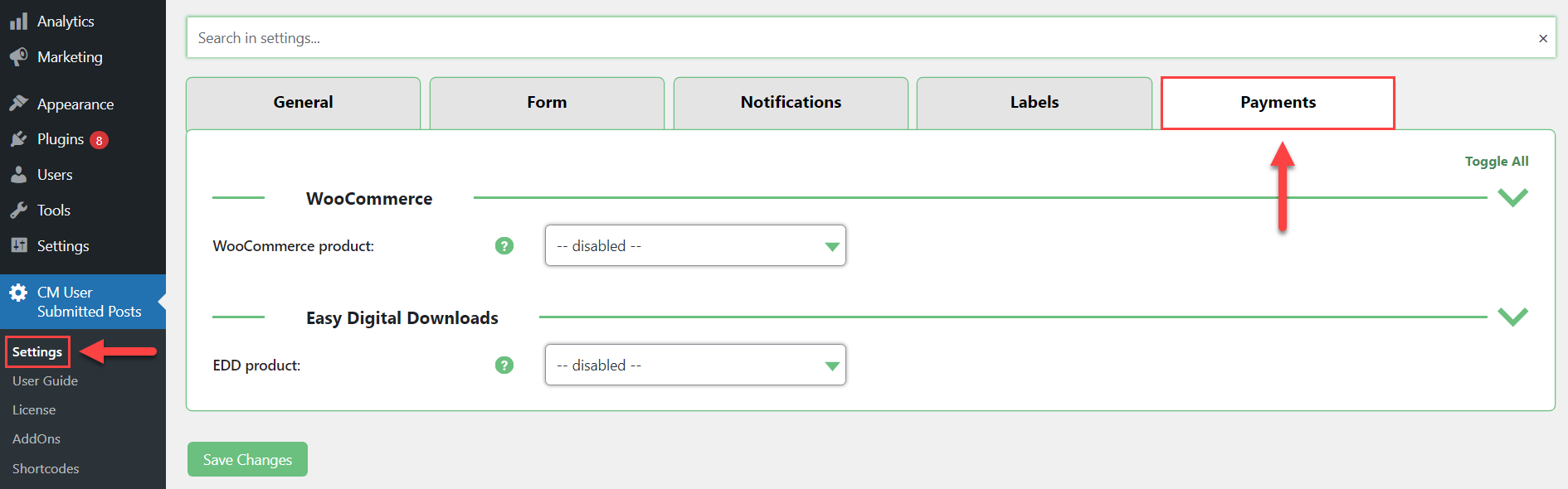 Payments settings - Frontend Posting WordPress Plugin