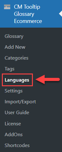 Navigation to the languages dashboard - WordPress Glossary Plugin