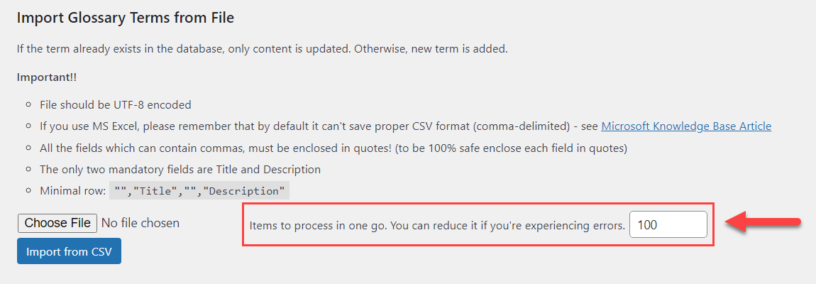 Defining the number of items to process in one go - WordPress Glossary Plugin