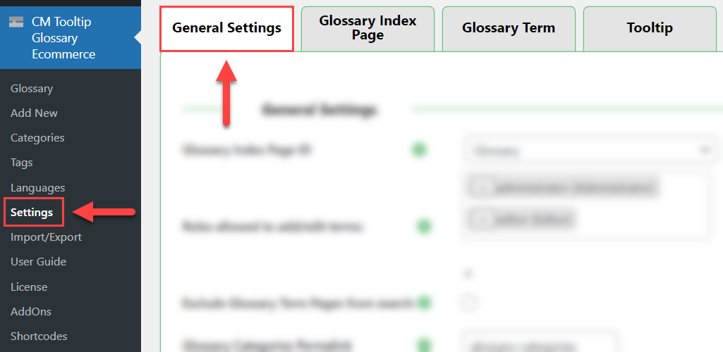 Navigation to the plugin settings - Tooltip Plugin WordPress