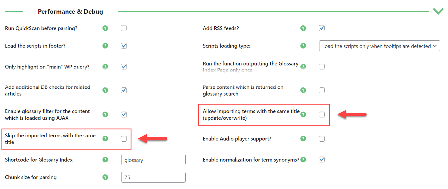 Performance & Debug settings - Tooltip WordPress Plugin