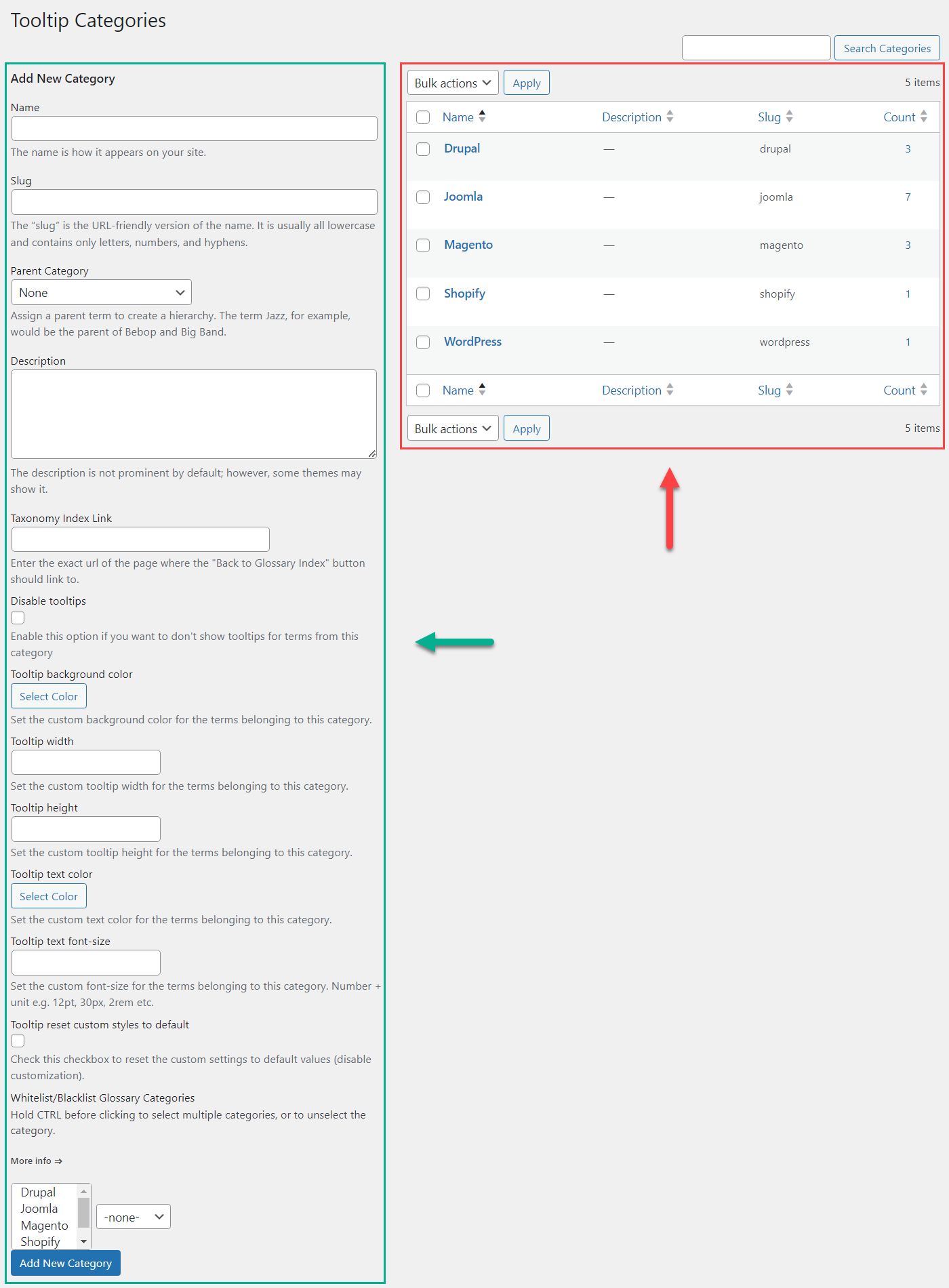 Managing glossary categories - Wiki Plugin for WordPress