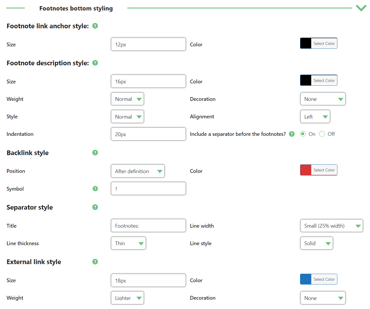 Footnotes bottom styling settings - WP Footnotes