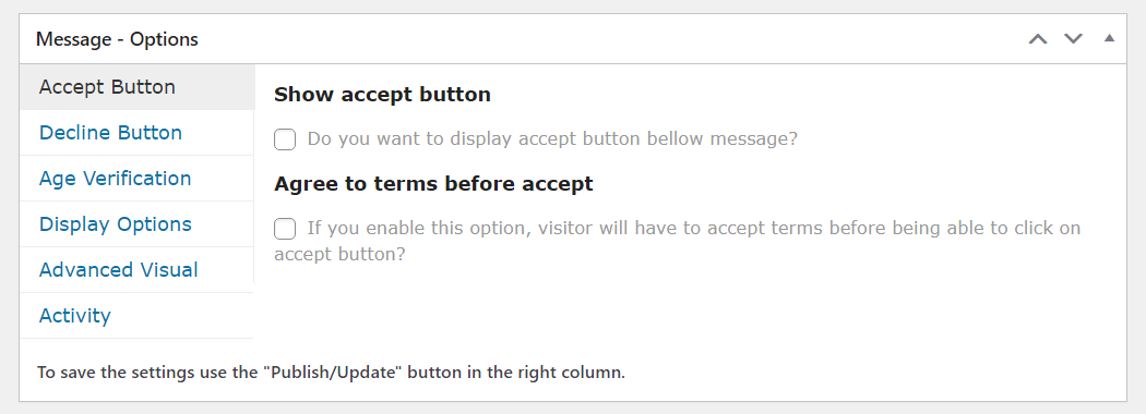 Accept button settings - Disclaimer Popup WordPress