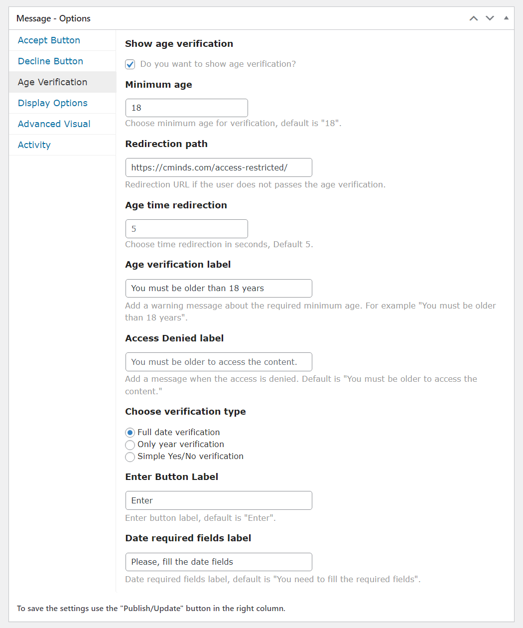 Full age verification settings - WordPress Notification Popup