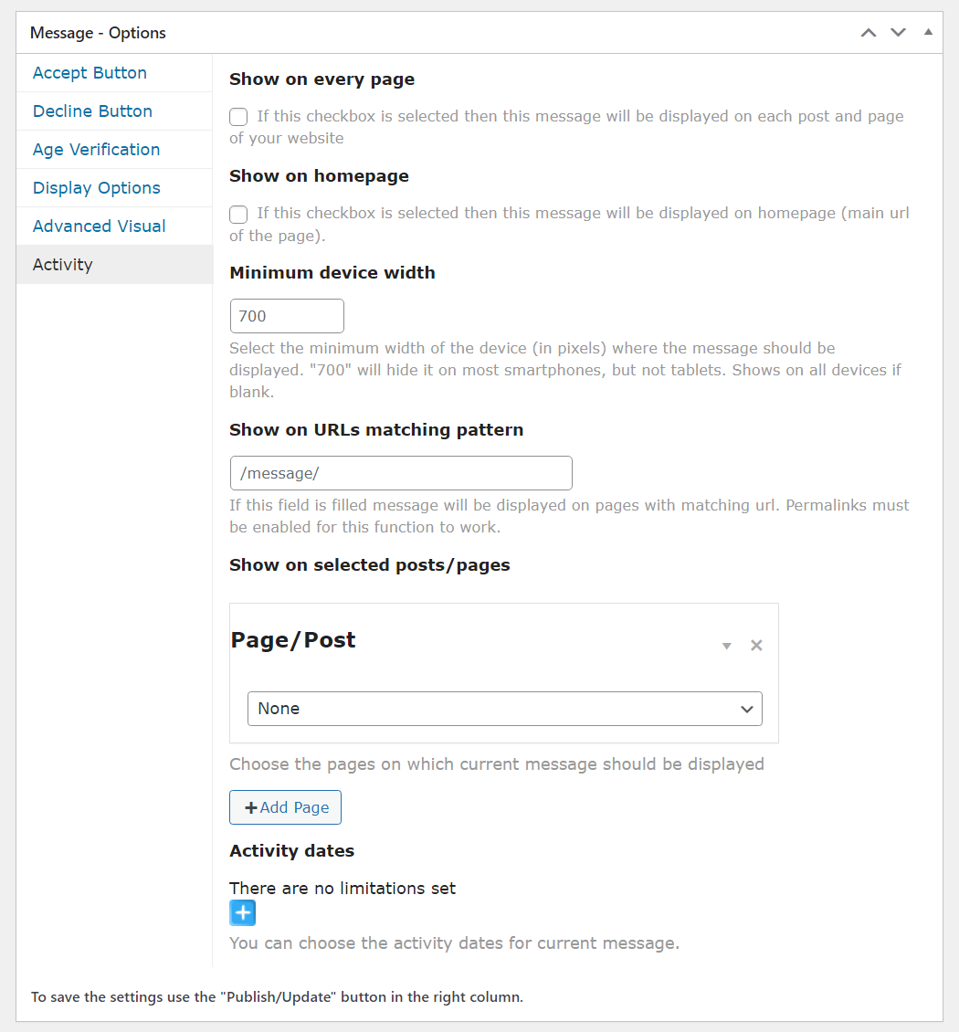 Activity settings - WordPress Notification Popup for Guests